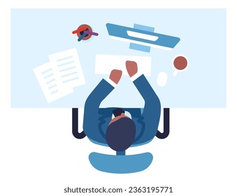 Office workplace top view. Man working with computer. Employee sitting at table. Business document. PC screen and keyboard. Businessman at desk. Vector managers