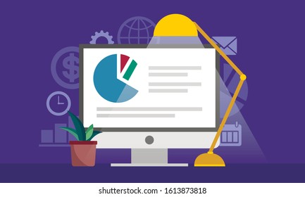 Office workplace with turned on computer, lamp and houseplant. Work late at night. Flat style vector illustration.