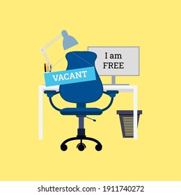 Office workplace with vacancy sign. Concept of vacancies for office workplace. Hiring and recruiting. Flat design. Stock vector illustration.