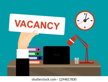 Office workplace with vacancy sign. Empty seat for employee. Business hiring, recruitment concept. illustration in flat style 