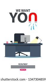 Office workplace with vacancy sign. Empty seat, chair in room for employee. Business hiring, recruitment concept. Vector illustration in flat style - Vector