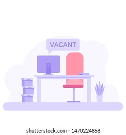 Office workplace with vacancy sign. Empty seat, chair in room for employee. Business hiring, recruitment concept. Vector illustration in flat style.