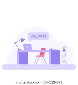 Office workplace with vacancy sign. Empty seat, chair in room for employee. Business hiring, recruitment concept. Vector illustration in flat style.