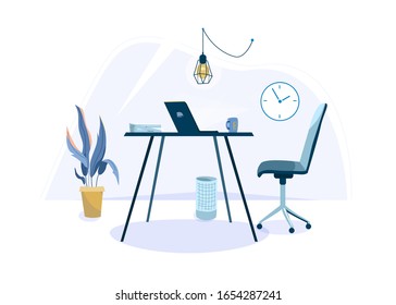 Office workplace vector background for one person with desk, chair, laptop, cup, basket and plant. Minimal modern interior in simple flat style.