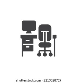 Icono del vector del lugar de trabajo de Office. El espacio de coworking llenaba el signo plano para el concepto móvil y el diseño web. Icono de glifo de escritorio y silla de oficina. Símbolo, ilustración del logotipo. Gráficos vectoriales