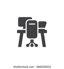 Icono del vector del lugar de trabajo de Office. signo plano relleno para concepto móvil y diseño web. Icono de glifo de escritorio y silla de oficina. Símbolo, ilustración del logotipo. Gráficos vectoriales