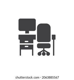 Office workplace vector icon. filled flat sign for mobile concept and web design. Computer desk and office chair glyph icon. Symbol, logo illustration. Vector graphics
