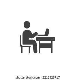 Office workplace vector icon. filled flat sign for mobile concept and web design. Man working on laptop at desk glyph icon. Symbol, logo illustration. Vector graphics
