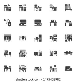 Office workplace vector icons set, modern solid symbol collection, filled style pictogram pack. Signs, logo illustration. Set includes icons as desk with computer monitor, chair, presentation screen