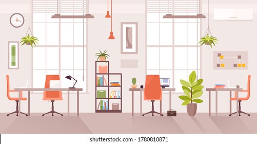 Office workplace vector illustration. Cartoon flat modern corporate room interior, desk table for officer employee work with computer or laptop, coworking place front view. Workspace design background