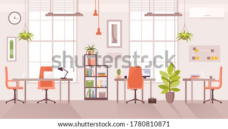 Office workplace vector illustration. Cartoon flat modern corporate room interior, desk table for officer employee work with computer or laptop, coworking place front view. Workspace design background