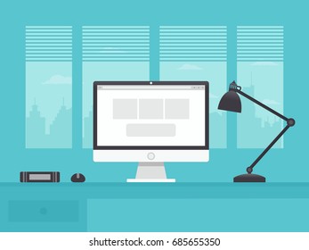 Office Workplace Vector Illustration with Computer, Book and Desk Lamp. Flat Design Style. 