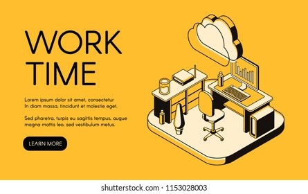 Office workplace vector illustration of isometric black thin line art on yellow halftone background. Manager working place with computer notebook on table and web cloud internet technology