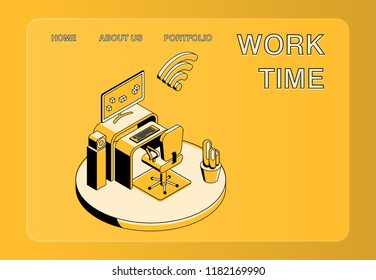 Office workplace vector illustration of isometric black thin line art on yellow background. Manager working place with computer notebook on table and web cloud internet technology