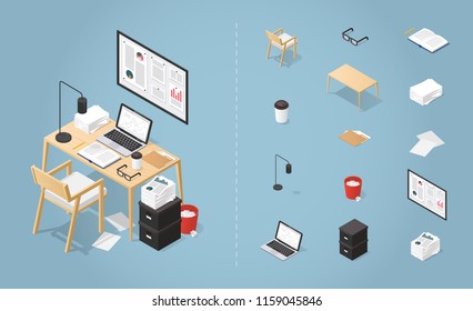 Office workplace vector isometric concept illustration. Work table composition plus collection of objects: table, chair, laptop, trash bin, lamp. glasses, folder, boxes, board, pile of papers.