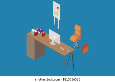 Concepto isométrico vectorial de Office en el lugar de trabajo.