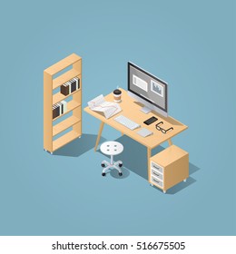 Office workplace vector isometric concept illustration. Work table composition with table, chair, books, desktop computer, glasses, papers, diagram, coffee, phone, track pad.
