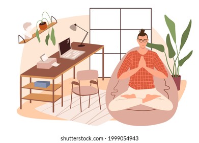 Office workplace web concept. Freelancer or remote worker meditate sitting in chair bag in cozy room with decor and plants. People scenes template. Vector illustration of characters in flat design