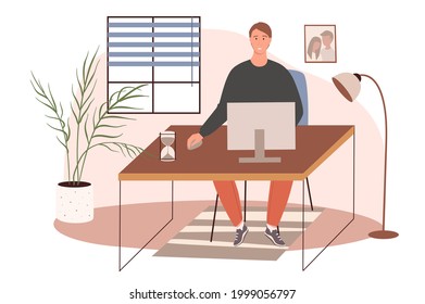 Office workplace web concept. Man working on computer sitting at desk in cozy room with decor. Freelancer or remote worker. People scenes template. Vector illustration of characters in flat design
