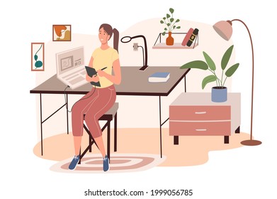 Office workplace web concept. Woman designer working on graphic tablet sitting in chair in cozy room with decor and plants. People scenes template. Vector illustration of characters in flat design