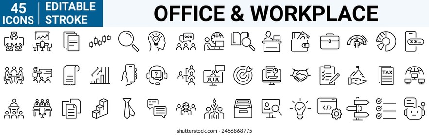 Iconos web de Office y Workplace en estilo de línea. Empleado, conferencia, proyecto, documento, negocio, trabajo, Asistencia, contáctenos, estrategia de productividad, colección. Ilustración vectorial.