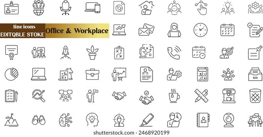 Iconos web de Office y Workplace en estilo de línea. Empleado, conferencia, proyecto, documento, negocio, trabajo,