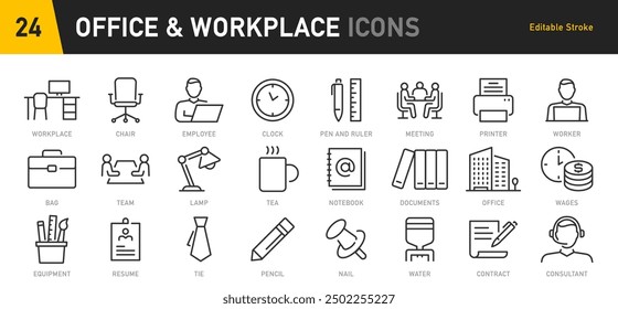 Iconos web de Office y Workplace en estilo de línea. Empleado, conferencia, proyecto, documento, negocio, trabajo, Asistencia, póngase en contacto con nosotros, estrategia de productividad, colección. Ilustración vectorial.	