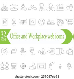 Office and Workplace web icons in line style. Employe, conference, project, document, business, work, support, contact us, productivity strategy, collection.