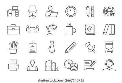 Office- und Workplace-Websymbole im Linienstil. Mitarbeiter, Konferenz, Projekt, Dokument, Geschäft, Arbeit, Support, Kontakt, Produktivitätsstrategie, Sammlung. Vektorgrafik.