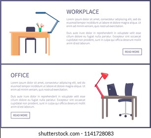 Office workplace web posters set with empty tables and chairs, lamps on desks, laptops for work banners online pages with push buttons and text samples