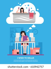 Office workplace and woman wishing to relax and to take bath on blue background flat vector illustration