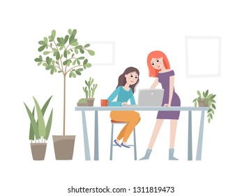 Office workplace with women, table, notebooks, chairs and plants - urban office jungle. Vector flat design for website, banner, brochure for business.