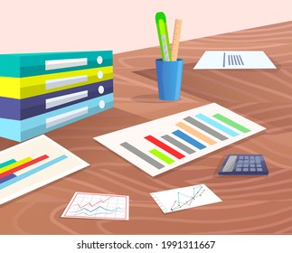 Oficina de trabajo en mesa de madera con informes de datos, documentos con gráficos y gráficos de información y estadísticas, calculadora, papelería para personas que trabajan juntas. Lugar de trabajo del empresario o auditor