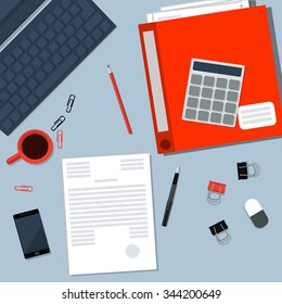 Office workplace/Calculator/documents/organizer/phone/eraser/clips/pencil/phone/cup/
folder/office table/Flat vector illustration/Flat vector Office workplace/workdays/gray days/flat documents/