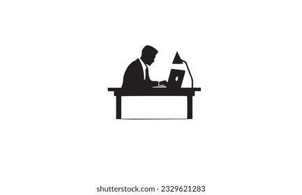 Büroarbeitsplatz, Mann, der am Laptop arbeitet, Vektorgrafik-Logo-Design schwarz-einfarbige Symbol auf weißem Hintergrund
