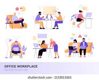 Office workplaces collection. Vector illustration of diverse office workers using their laptops and computers by desktops, on the sofa and armchair. Isolated on white