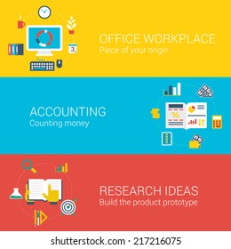 Office workplaces concept flat icons set of workplace accounting idea research and vector web illustration website click infographics elements collection