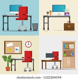 office workplaces set scenes icons