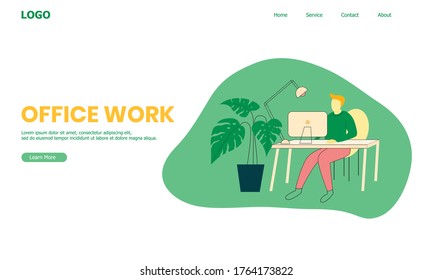 Office Work's Website With Illustration Of Men Working In Desk At Workspace 