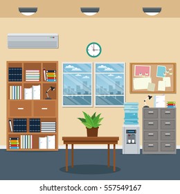 office workspace bookshelf cabinet table plant clock water dispenser window