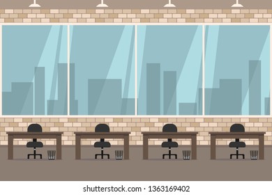 Office workspace with brick wall and panoramic window. Vector illustration.
