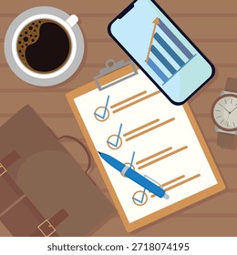 Espaço de trabalho do escritório com elementos de negócios ou financeiros, caneca de café, pasta, lista de tarefas e gráfico de crescimento para conceito de produtividade profissional