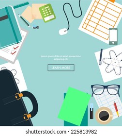 Office workspace with business items and elements