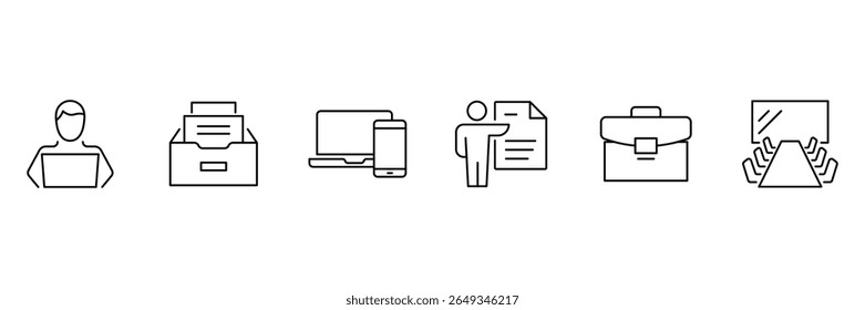 Office workspace and business management icons for digital team communication work meeting file document presentation and organization vector.
