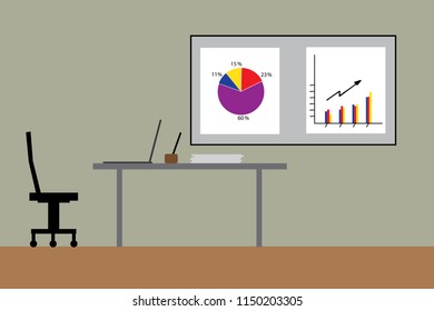 Office workspace for business people whith desk, chair, chart and laptop. Vector illustration.