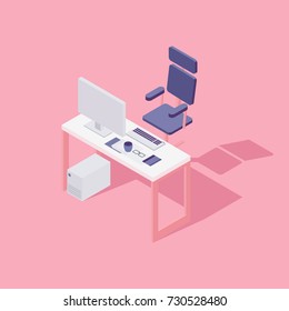 Office workspace. Computer, chair and some gadgets. Flat isometric vector illustration