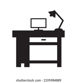 Office workspace computer desk icon | Black Vector illustration |