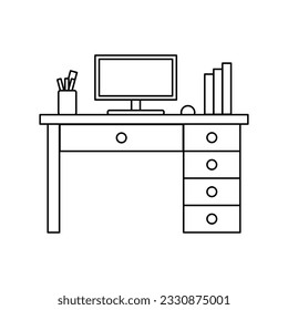 Office Workspace Computer Desk, Studying Table, Outline Vector Icon Illustration