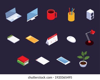 Büro-Arbeitsplatz-Laptop-Kalender Smartphone-Kaffeebecher-Symbole Vektorgrafik