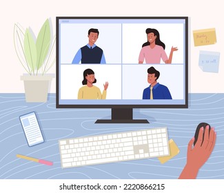 Office workspace with computer screen. Group of people talking by internet. Business team working online. Remote education at home concept. Workplace desk top angle view flat vector illustration